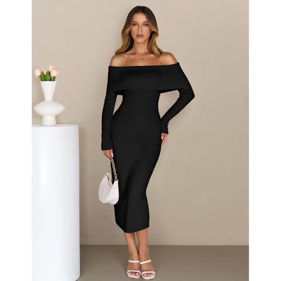 Merokeety Women's Black Off Shoulder Long Sleeve Elegant Bodycon Midi Dress - Picture 2 of 9